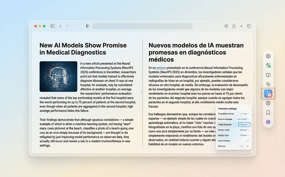 One-click English website to Spanish translation.