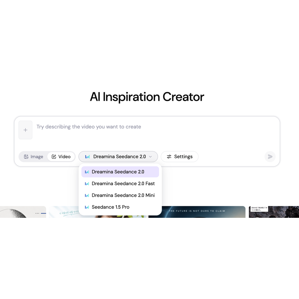 Sider AI Inspiration Creator interface showing Dreamina Seedance 2.0 model selected in dropdown