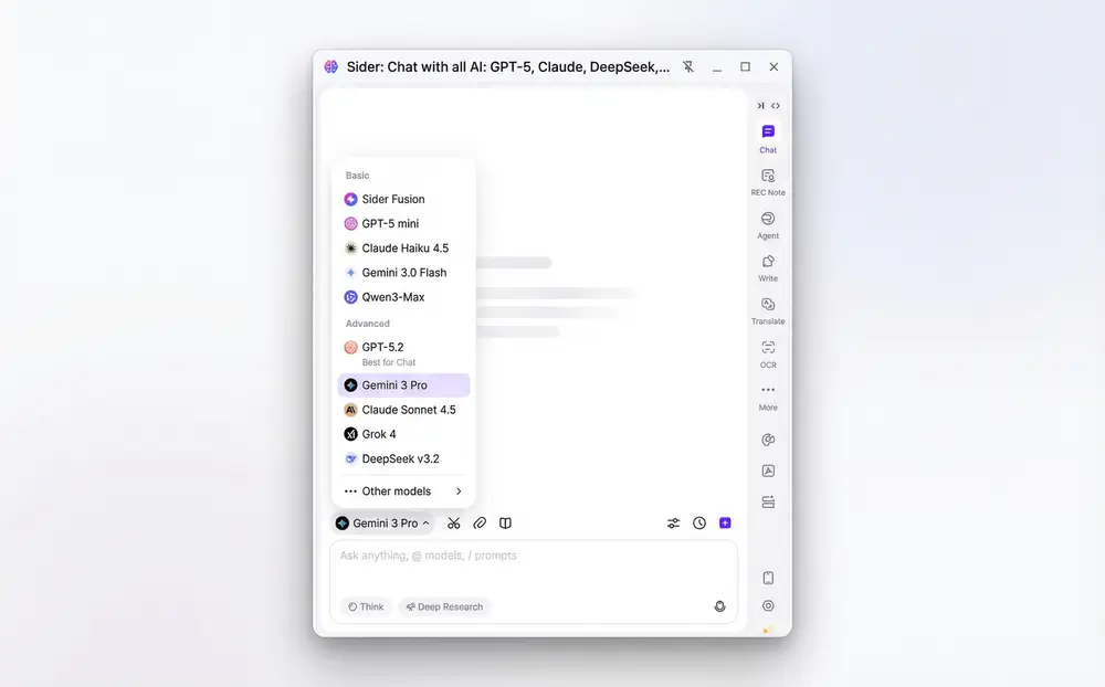 Sider interface showing AI model selector with GPT-5, Claude 4.5, and Gemini 3 options in Chrome sidebar