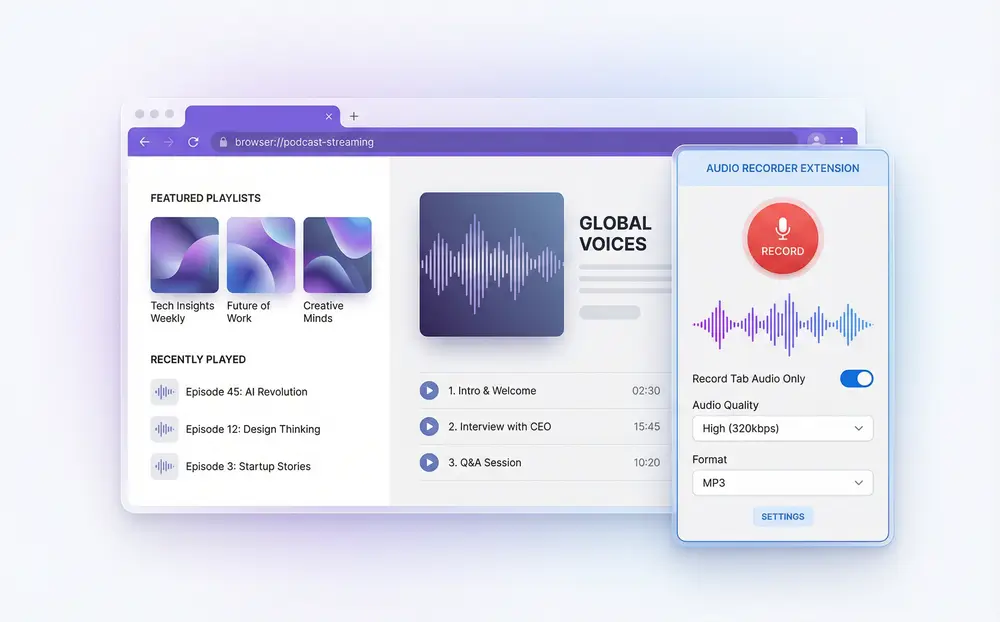 Sider extension recording a podcast tab in the browser