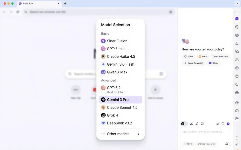 Sider sidebar showing model selection dropdown with Gemini 3 Pro, GPT-5.2, Claude 4.5, and Gemini 3.0 Flash options, with the user toggling between models to compare responses to the same question