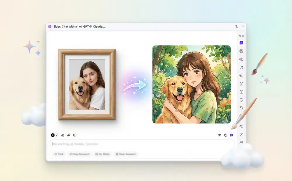 Progression showing three stages: original photo of a person and their dog, intermediate AI processing, final Ghibli-style artwork. The final version shows the same recognizable faces with enhanced warm colors and magical atmosphere.