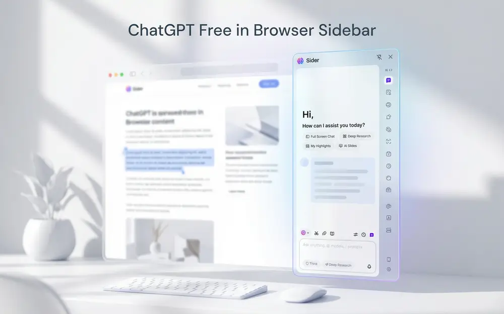 显示 Sider AI 边栏和 ChatGPT 聊天界面的屏幕截图