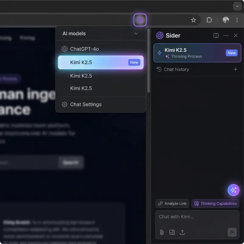 Selecting Kimi K2.5 AI model in browser