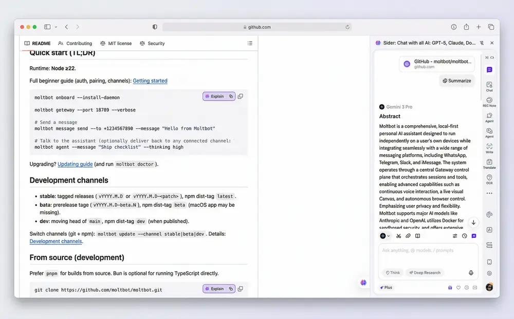 Side panel showing AI chat interface analyzing a webpage content in Chrome browser