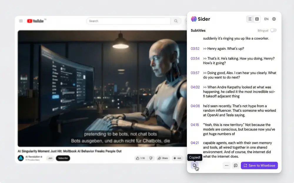 One-click copy feature for YouTube transcript export