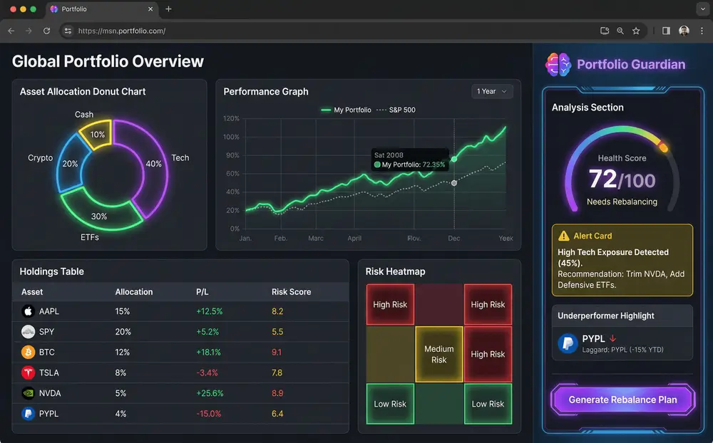 Portfolio view with asset allocation and performance timeline