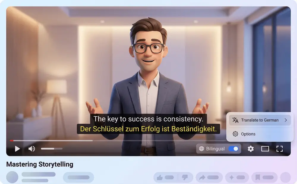 YouTube video showing bilingual English and German subtitles using Sider.