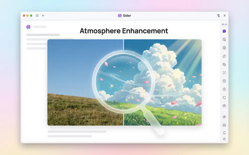 Zoom-in comparison showing original landscape photo on left and Ghibli-transformed version on right, highlighting added atmospheric details like flowing wind, floating leaves, and magical light patterns.