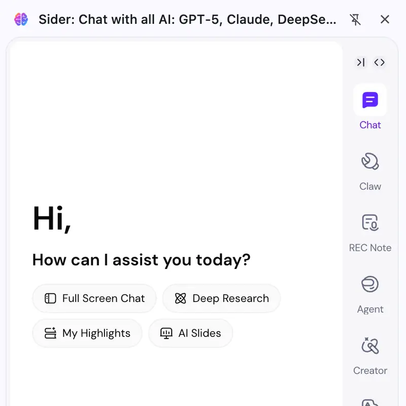 Browser screenshot with Sider sidebar sliding in from left