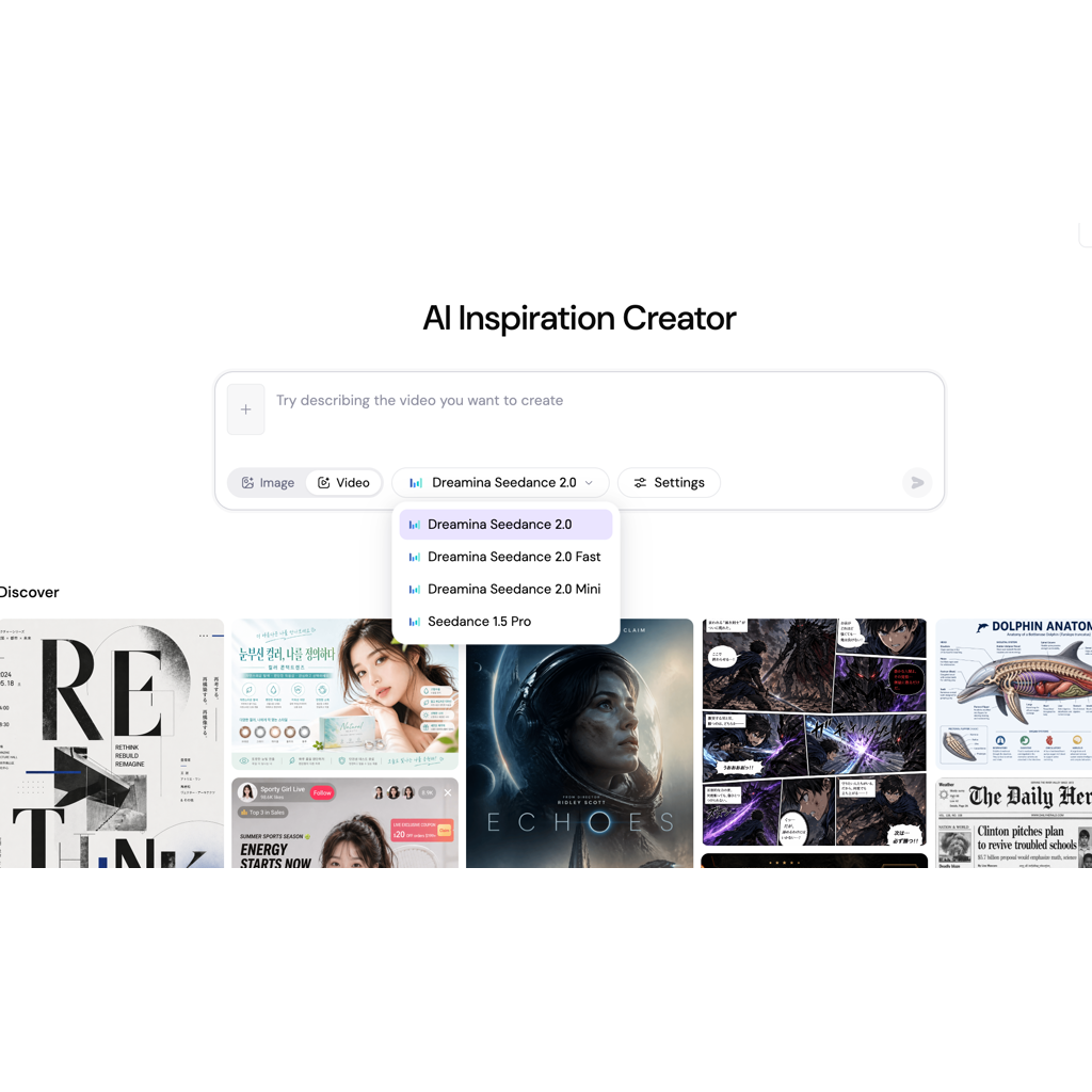 Sider AI food video generator model selection interface showing Seedance model selected