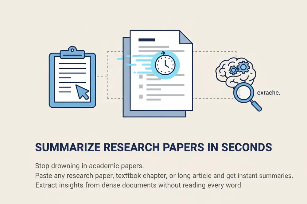 Illustration showing a research paper being summarized into key bullet points and highlights