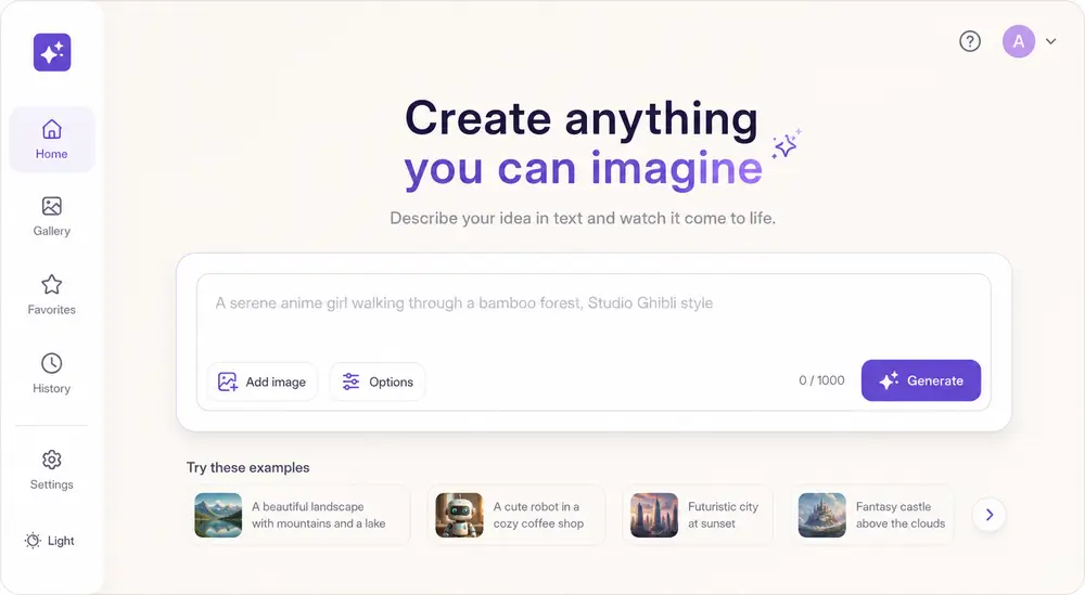 AI anime generator interface with text prompt input for creating anime style videos