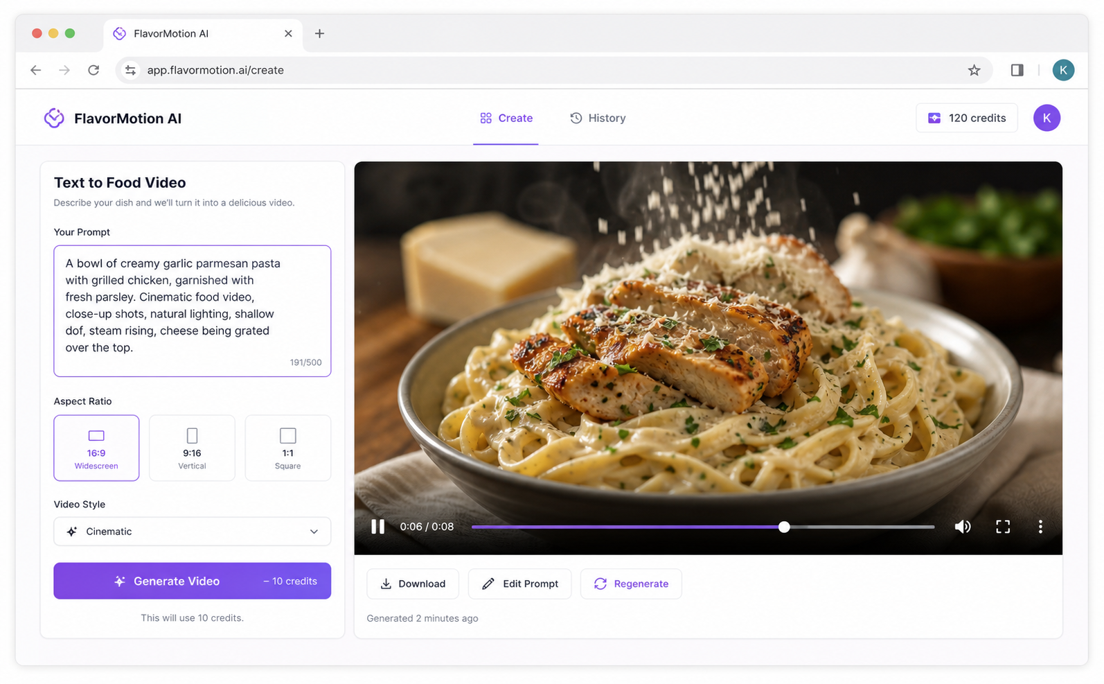 Sider AI food video generator text-to-video interface
