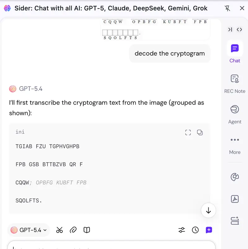 Chat Sider exibindo a mensagem do criptograma decodificada e a chave de substituição de letras usada