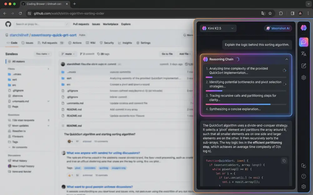 Kimi K2.5 AI in browser sidebar