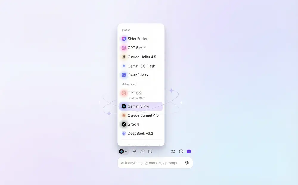 Sider AI sidebar displaying advanced model selection.