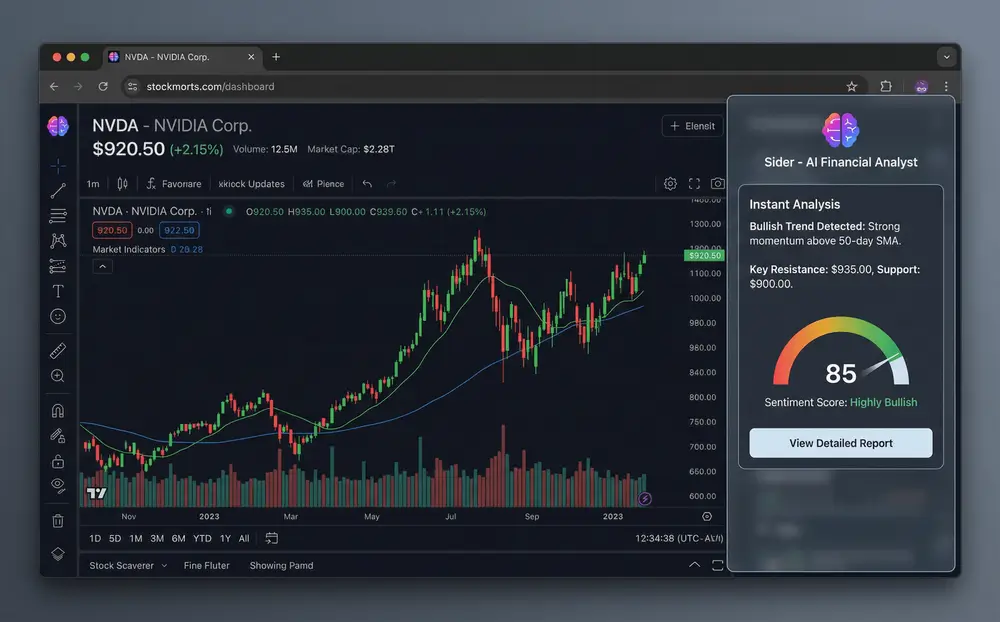 Browser sidebar showing live stock data with highlighted metrics