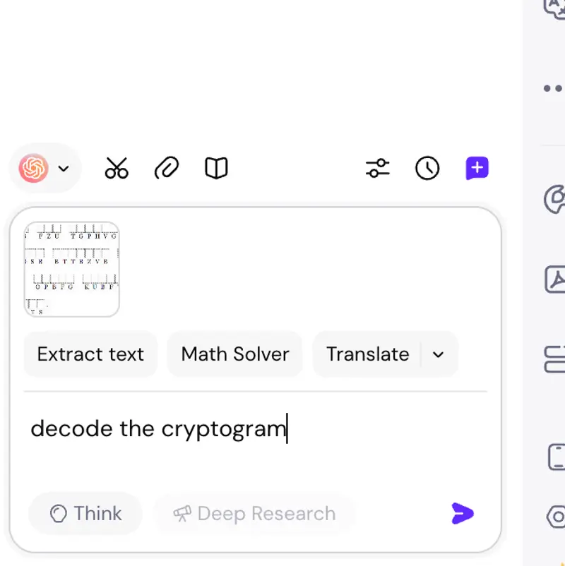 Digitando texto de criptograma codificado no Sider Chat ou carregando uma imagem de quebra-cabeça de cifra