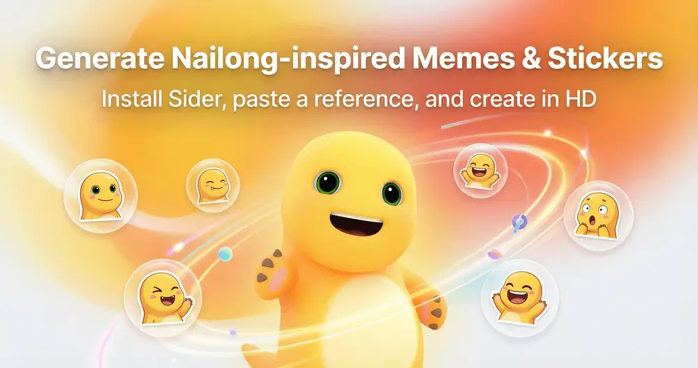 Cheerful 3D yellow dinosaur Nailong on a soft glowing gradient background with floating sticker bubbles of reaction faces, headline “Generate Nailong-inspired Memes & Stickers” and subtitle “Install Sider, paste a reference, and create in HD.”