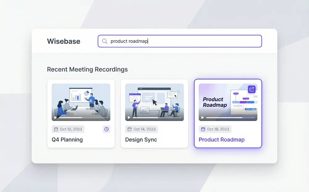 Интерфейс Wisebase, показывающий библиотеку записей встреч с возможностью поиска