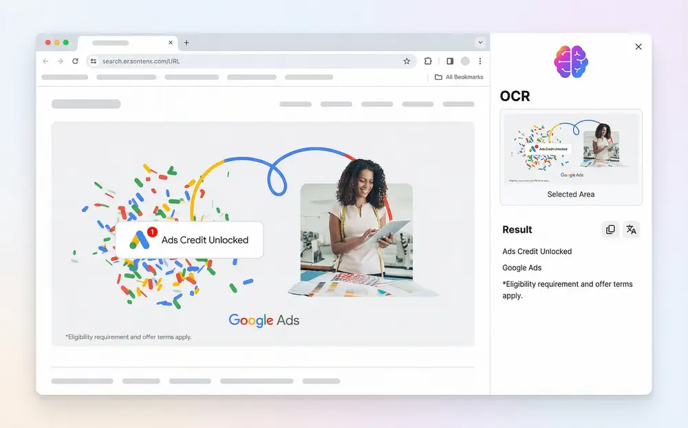 Chrome sidebar displaying extracted text from an image screenshot with AI analysis