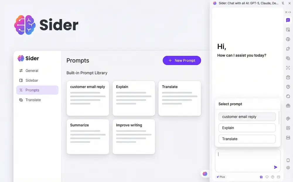 Prompt library interface showing pre-made templates for common AI tasks