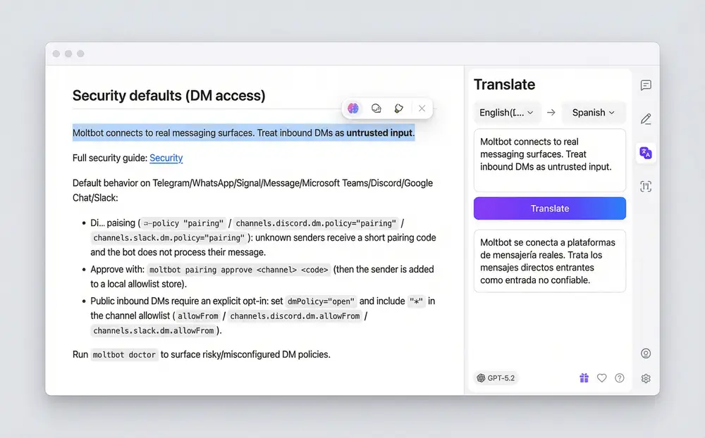 Chrome side panel displaying translated webpage text with original and translated versions side by side