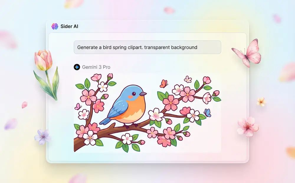 User interface showing AI prompt input and instant generation of watercolor spring flowers clipart