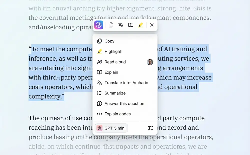 Menú contextual que muestra la opción Preguntar a la IA en el texto seleccionado
