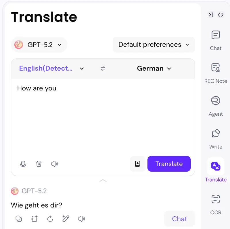 Final English to German translation result with audio options.