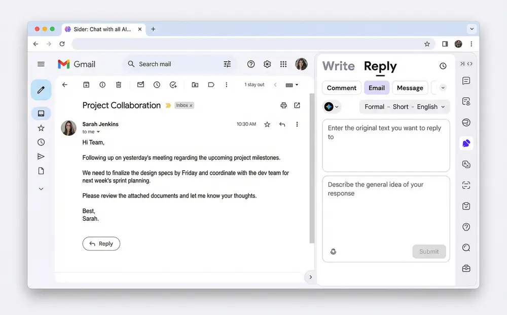 Gmail compose window with user typing an email, highlighting a paragraph, right-clicking to reveal Sider options: 