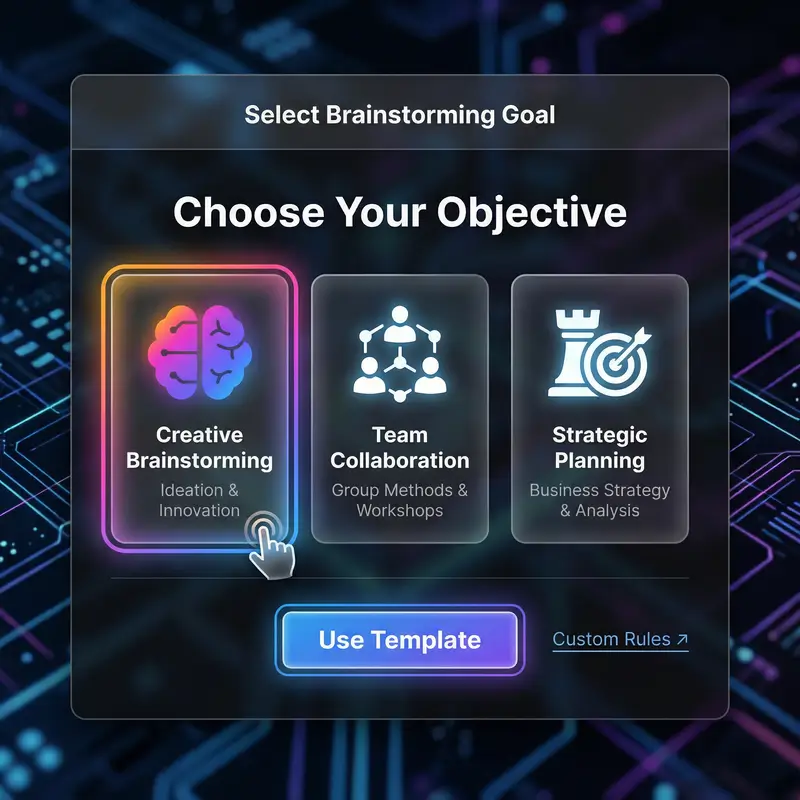 Usuário selecionando o objetivo de brainstorming entre opções com a interface de brainstorming de IA