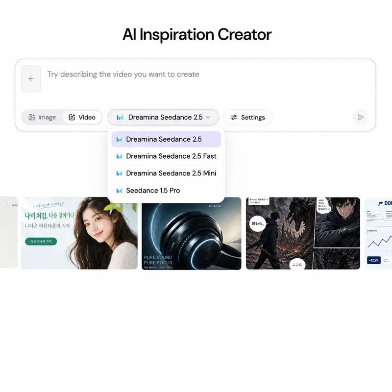 AI Inspiration Creator interface showing Dreamina Seedance 2.5 model selected in dropdown