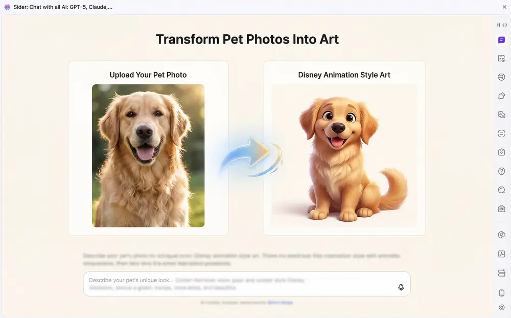 Orijinal fotoğraf ve Disney tarzı sonucun gösterildiği evcil hayvan portresi dönüşüm resmi