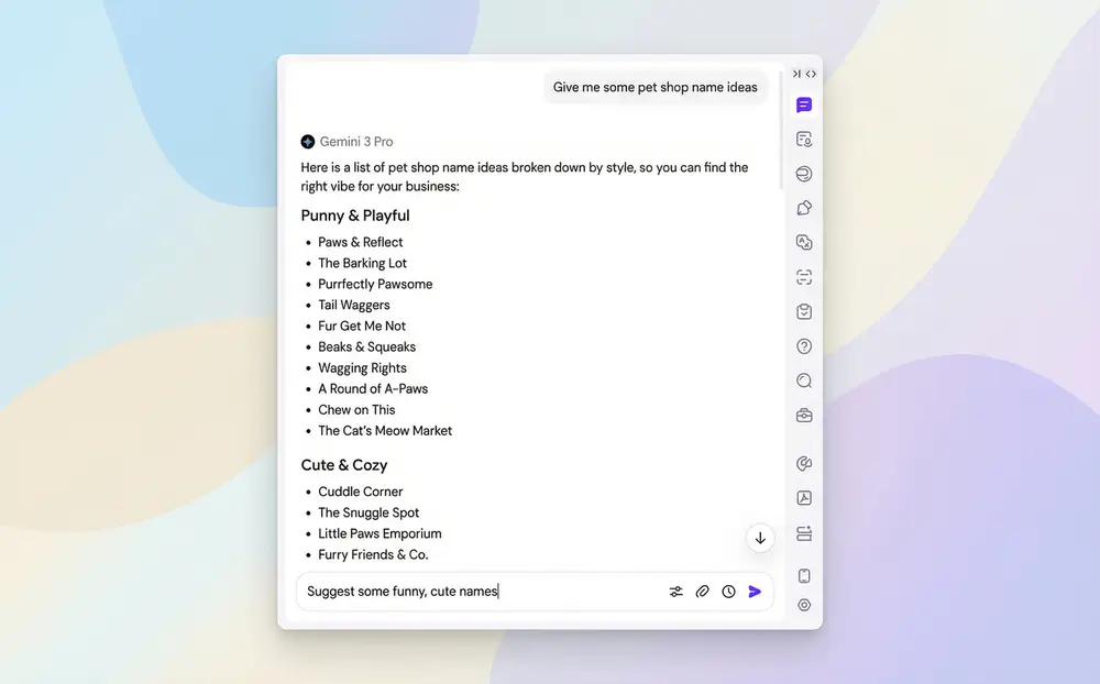 Real-time chat interface showing the refinement of business name ideas.