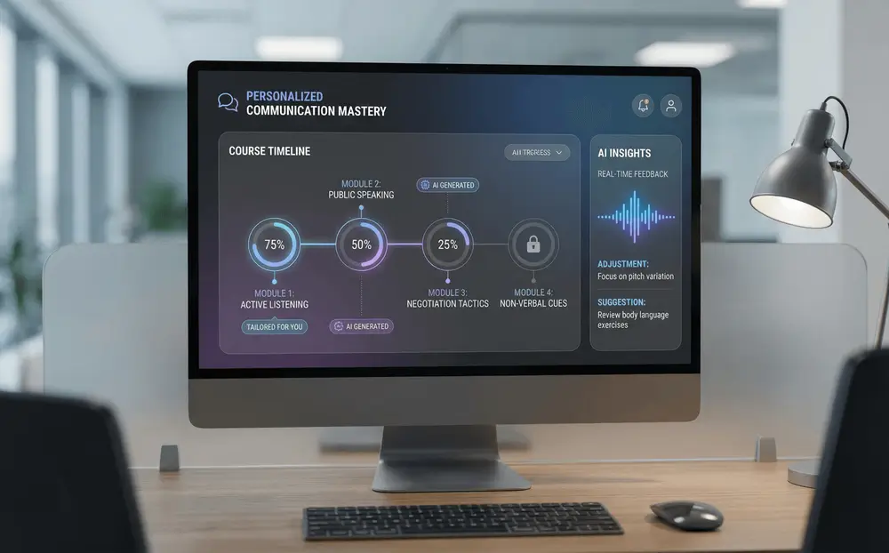 Custom AI-generated communication course curriculum on a dashboard.