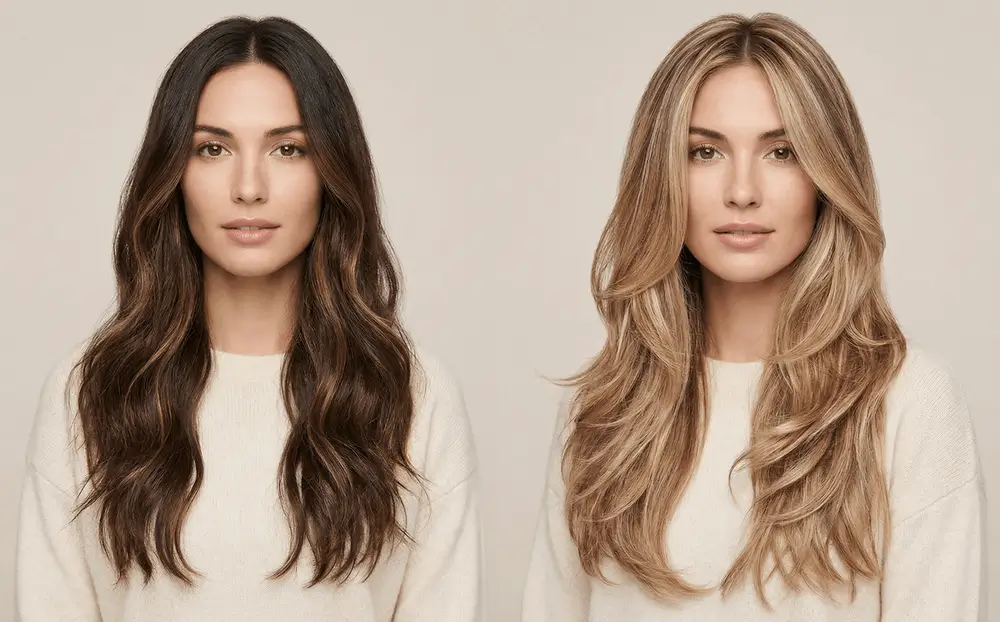 Kết quả thay đổi màu tóc AI cực kỳ thực tế cho thấy sự chuyển đổi tóc balayage vàng.