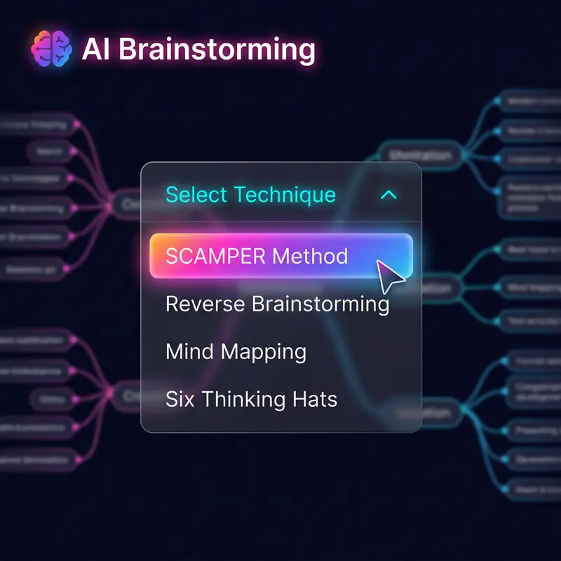 Usuário interagindo com a ferramenta de brainstorm de IA, selecionando técnica de brainstorming no menu