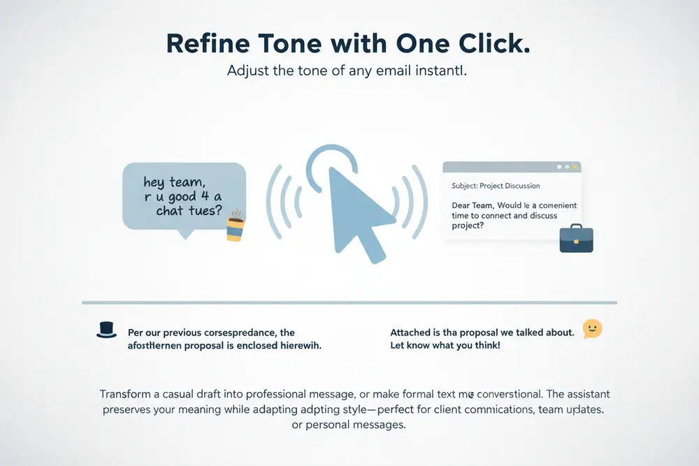 Email window with tone selector showing Professional, Casual, Formal, and Friendly options