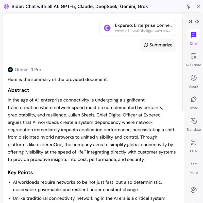 User multitasking in browser: reading a research article on the left, asking Gemini 3 Pro questions in the sidebar about the content, and simultaneously having an email draft open with Sider suggestions