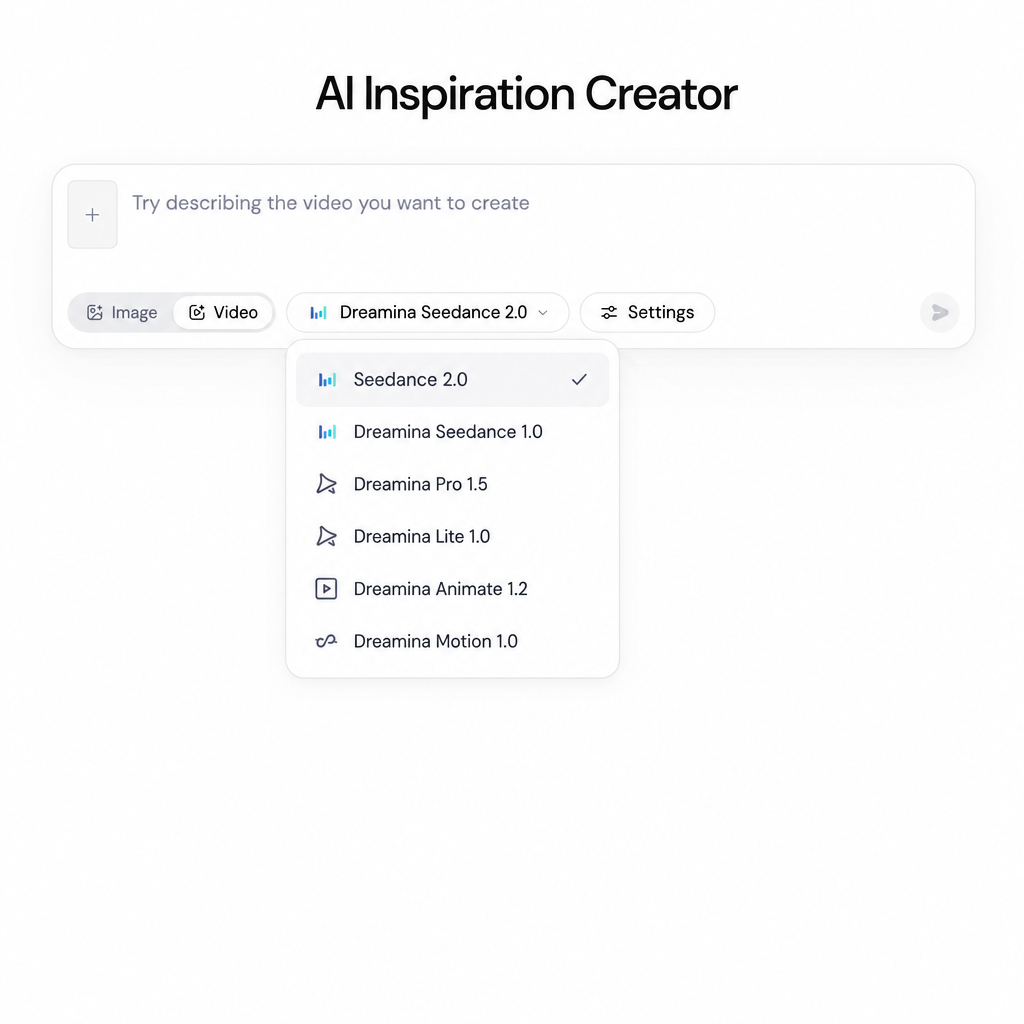 AI model dropdown menu with Seedance 2.0 selected for product video generation