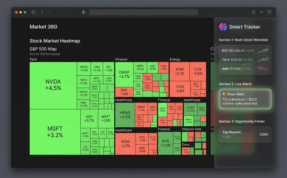 Dashboard with stock cards, sector trends, and market indicators