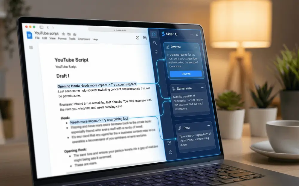 Sider AI sidebar optimizing a YouTube script draft.