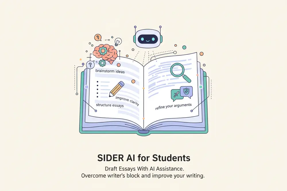 Illustration showing essay writing process with AI suggestions and improvements appearing alongside student's work