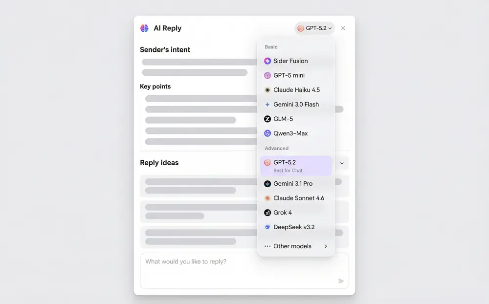 AI model selector showing GPT, Claude, Gemini options