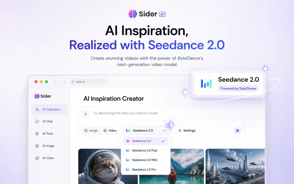 Seedance 2.0 model selection dropdown in Sider Create interface for AI glass food video generation