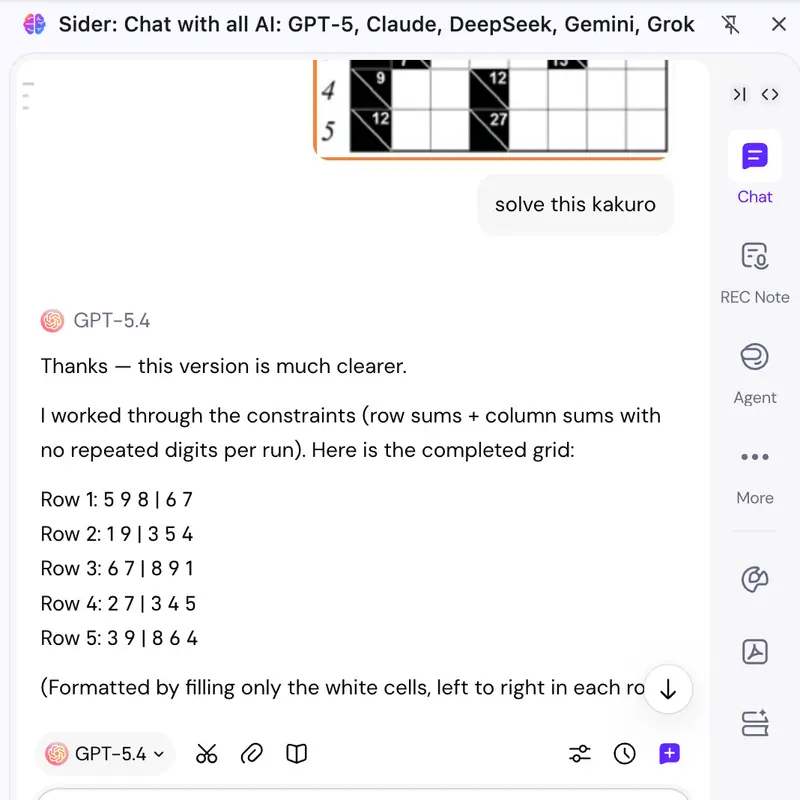 Sider Chat displaying valid digit combinations for each kakuro clue group