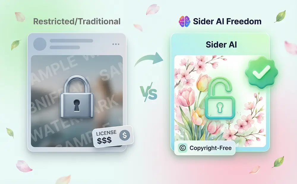 Side-by-side comparison of copyright restrictions on stock images versus copyright-free status on AI-generated spring clipart