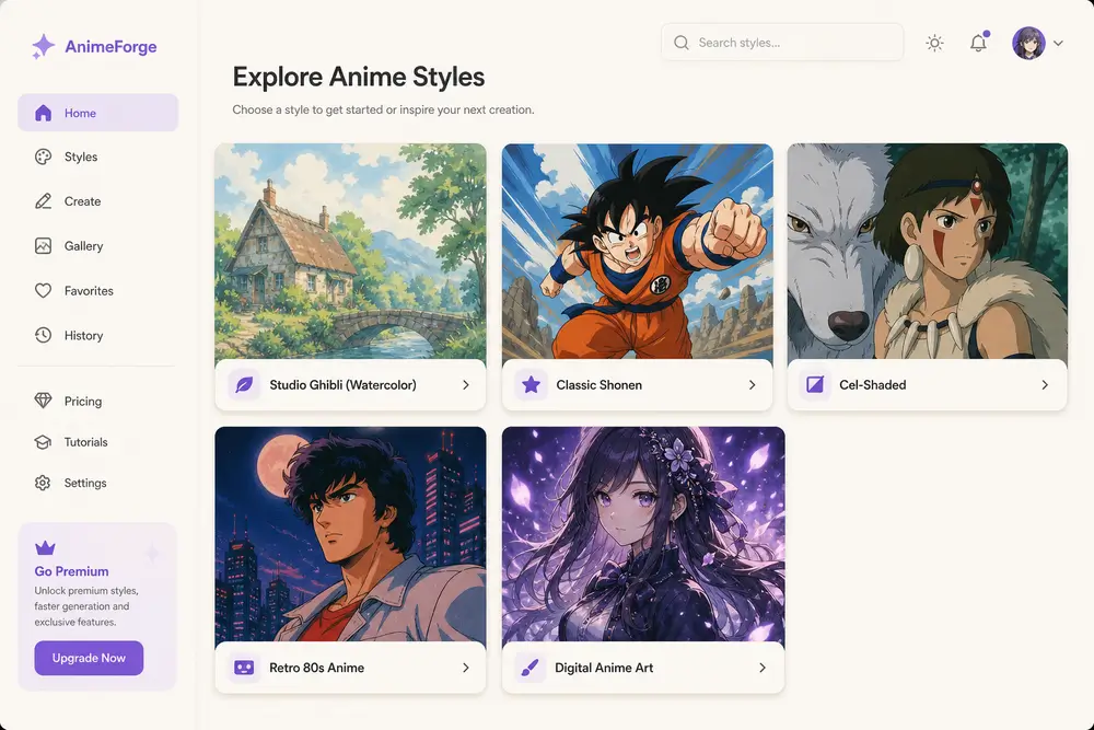 Grid of anime style thumbnails including Ghibli, shonen, cel-shaded and retro anime aesthetics